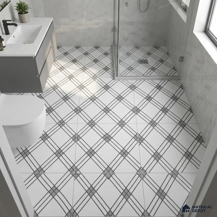 Modern bathroom with grey geometric wall tiles and black-and-white criss-cross patterned floor tiles