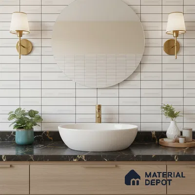Minimalist kitchen with frosty white laminate cabinets, white marble-look quartz countertop, and 3D white subway backsplash tiles