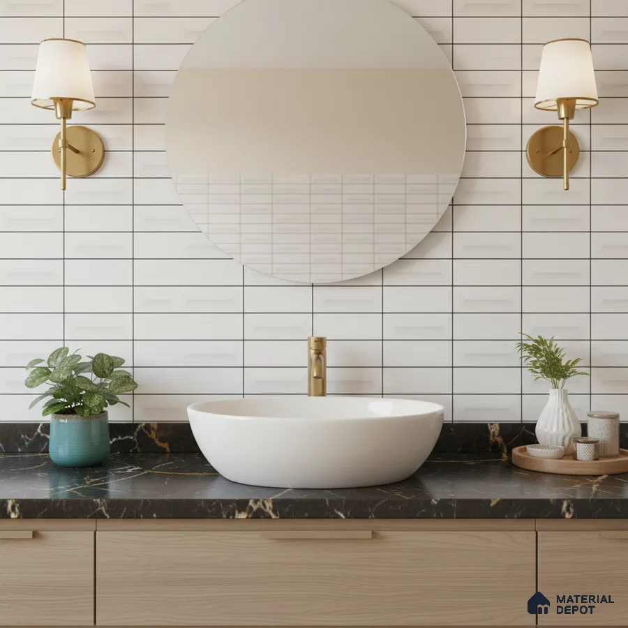 Minimalist kitchen with frosty white laminate cabinets, white marble-look quartz countertop, and 3D white subway backsplash tiles