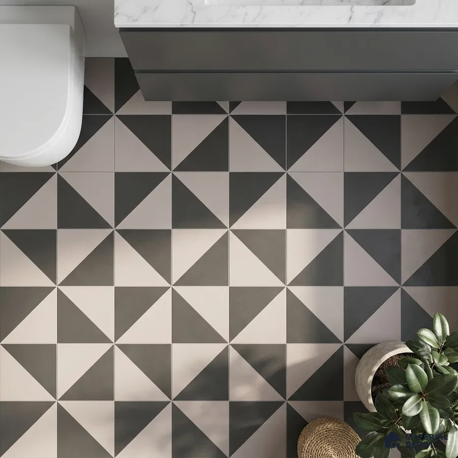 Modern bathroom with geometric black and beige floor tiles and marble countertop vanity