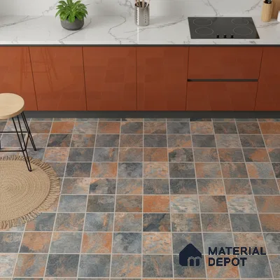 Modern kitchen with rust high gloss laminate cabinets, white marble-look quartz countertop, and blue-grey stone-look floor tiles