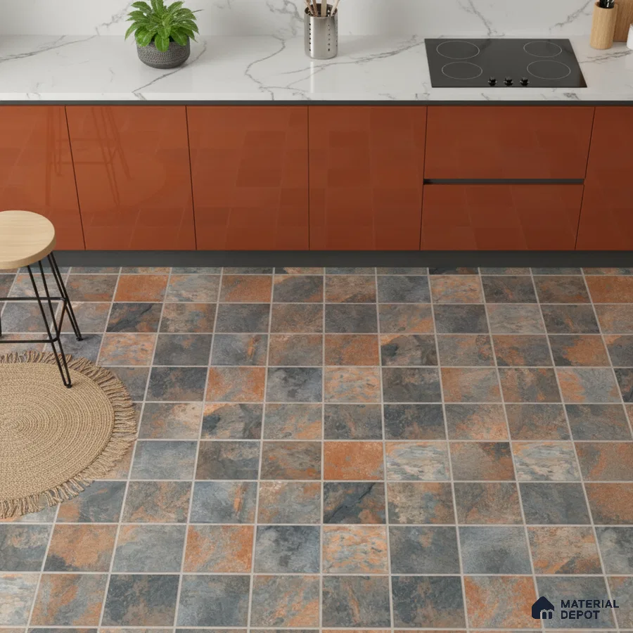 Modern kitchen with rust high gloss laminate cabinets, white marble-look quartz countertop, and blue-grey stone-look floor tiles