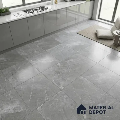Modern kitchen with glossy grey laminate cabinets and marble-look grey floor tiles