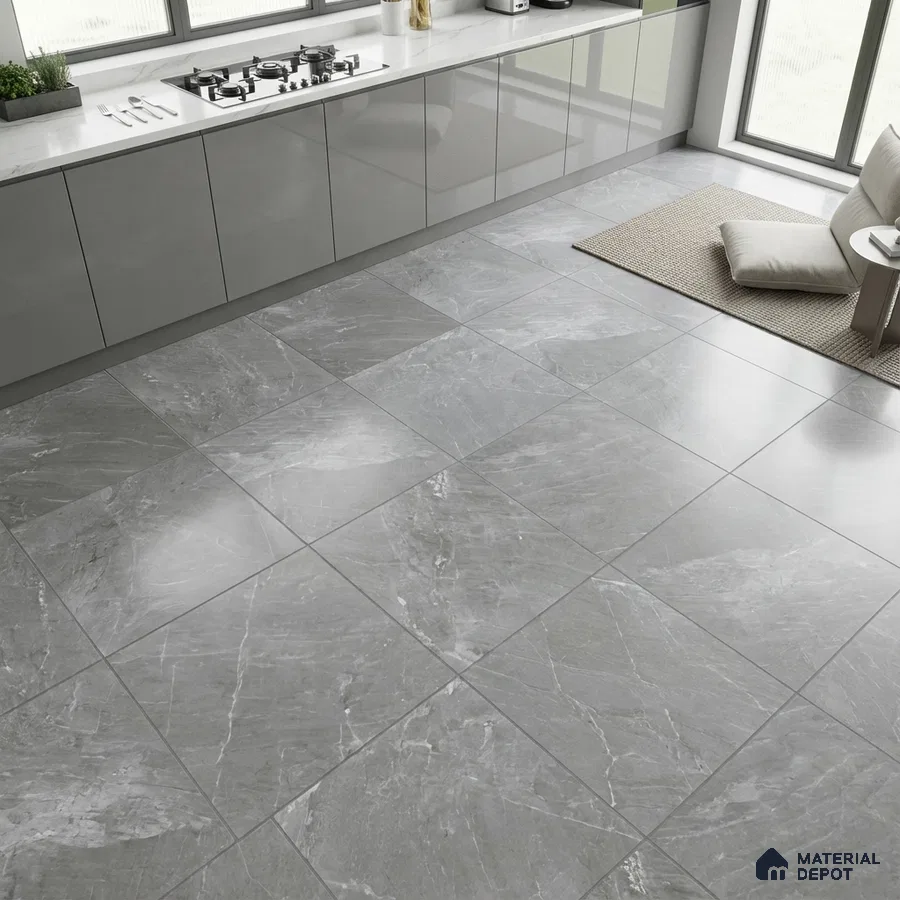Modern kitchen with glossy grey laminate cabinets and marble-look grey floor tiles