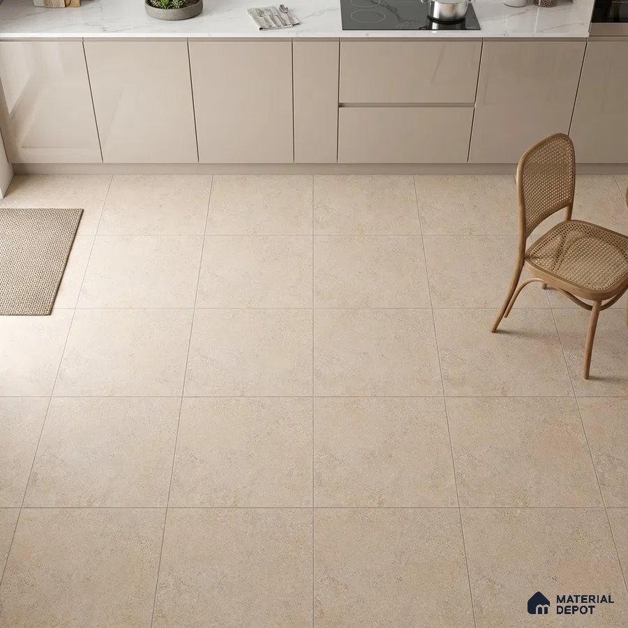Modern kitchen with beige stone-look floor tiles and glossy taupe laminate cabinets