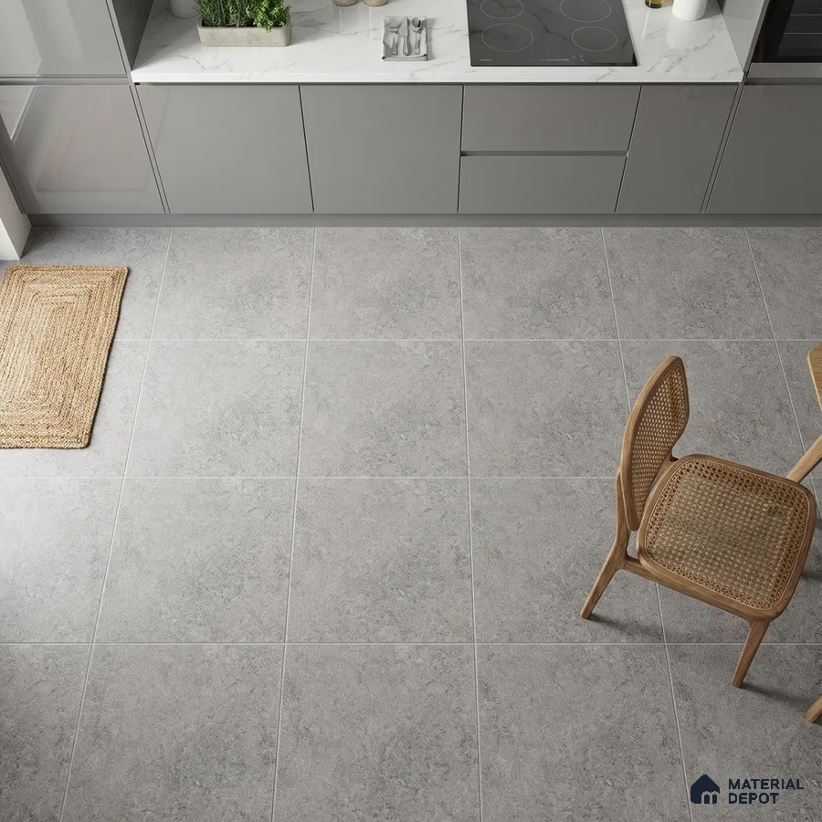 Modern kitchen with grey matte laminate cabinets, white marble-look countertop, and light grey stone floor tiles