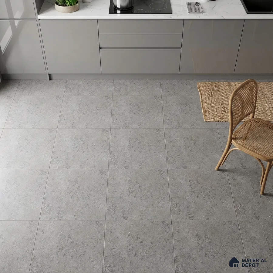 Modern kitchen with grey matte laminate cabinets, white marble-look countertop, and light grey stone floor tiles