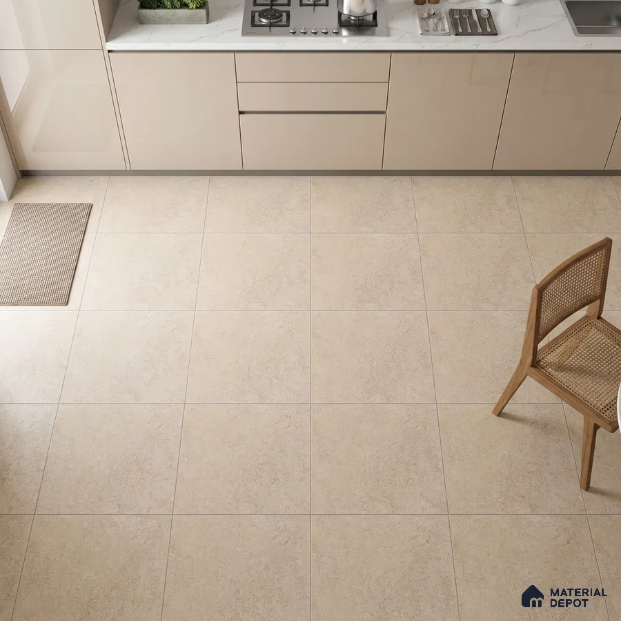 Modern kitchen with beige solid color laminate cabinets, white marble-look countertop, and cream stone-look floor tiles