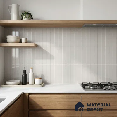Modern Kitchen with Off-White Glossy Stacked Backsplash Tile and Oak Cabinets
