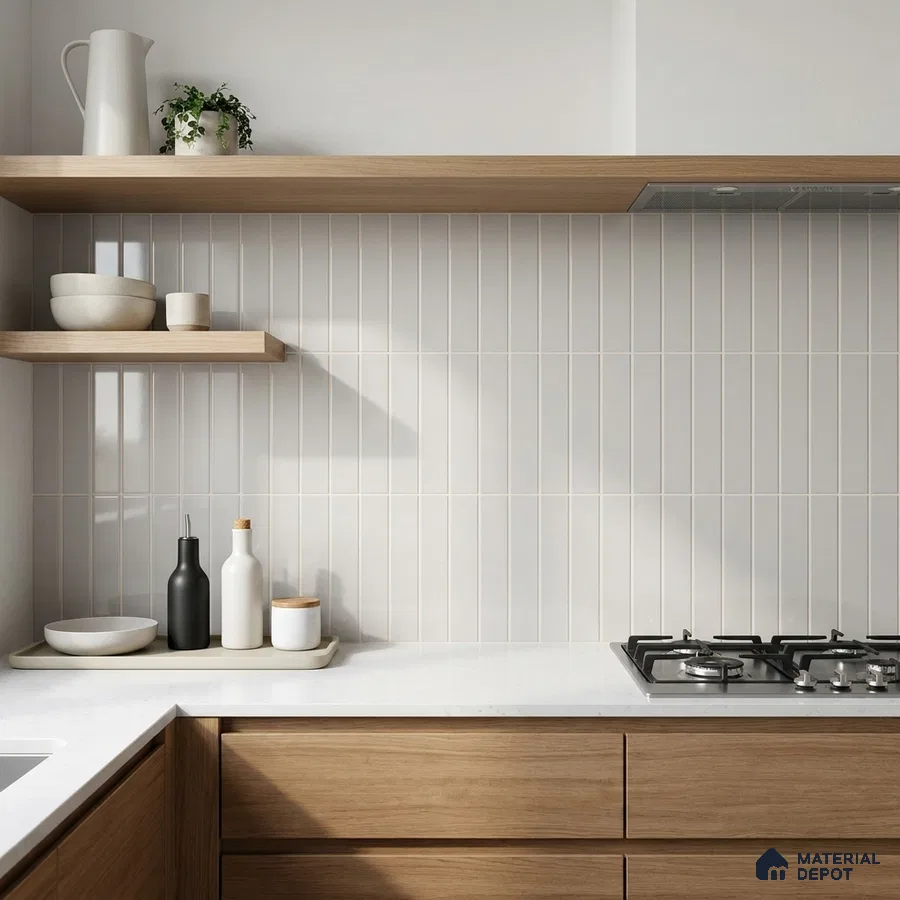 Modern Kitchen with Off-White Glossy Stacked Backsplash Tile and Oak Cabinets
