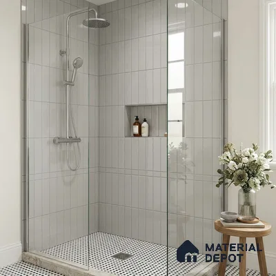 Modern Bathroom with Light Grey Glossy Stacked Shower Tile and Mosaic Floor