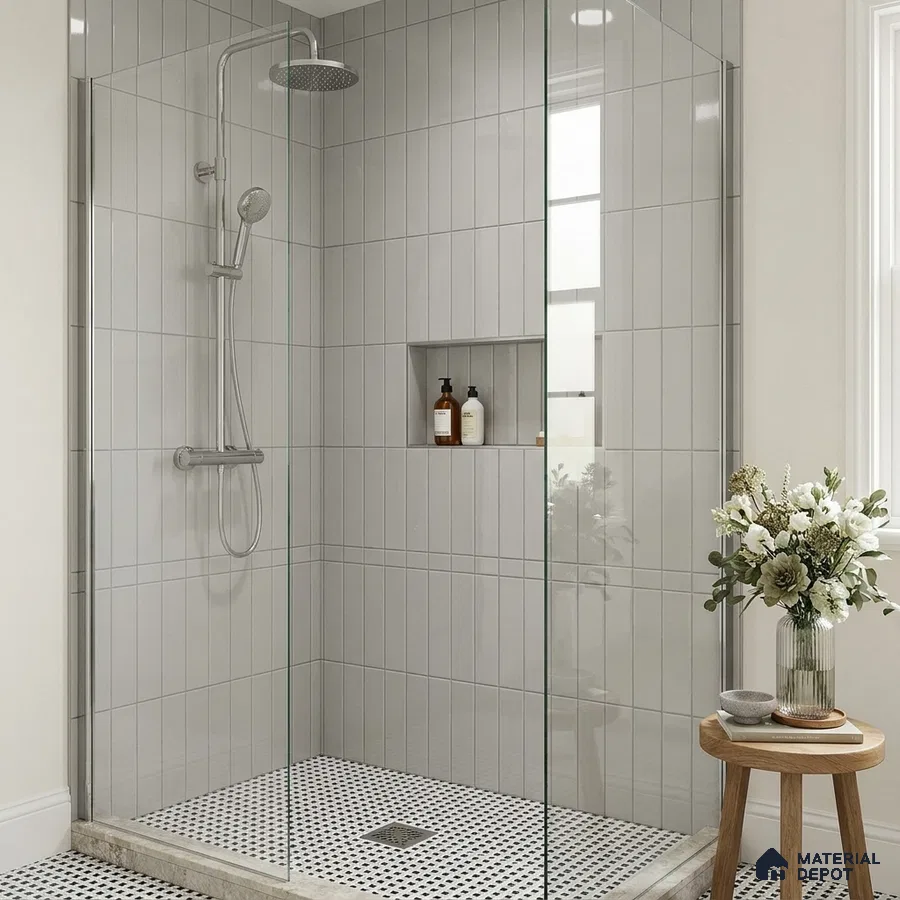Modern Bathroom with Light Grey Glossy Stacked Shower Tile and Mosaic Floor