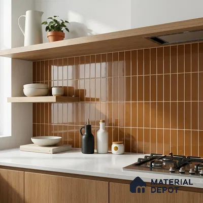 Modern Kitchen with Caramel Brown Glossy Stacked Backsplash Tile and Oak Cabinets