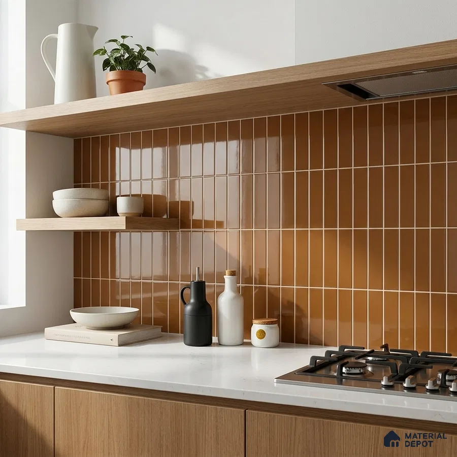 Modern Kitchen with Caramel Brown Glossy Stacked Backsplash Tile and Oak Cabinets