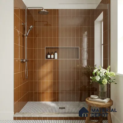 Modern Bathroom with Terracotta Brown Glossy Stacked Shower Tile and Mosaic Floor