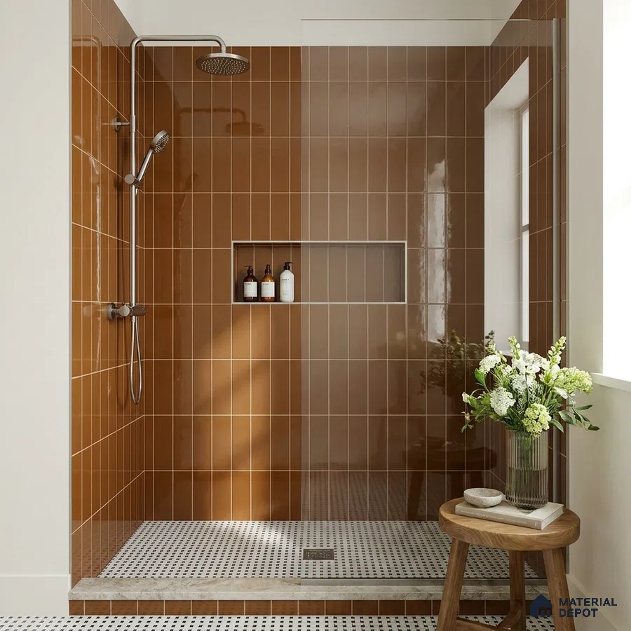 Modern Bathroom with Terracotta Brown Glossy Stacked Shower Tile and Mosaic Floor