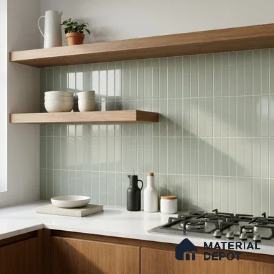 Modern Kitchen with Sage Green Glossy Stacked Backsplash Tile and Walnut Cabinets
