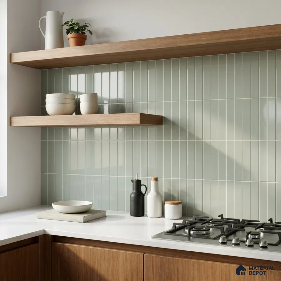 Modern Kitchen with Sage Green Glossy Stacked Backsplash Tile and Walnut Cabinets