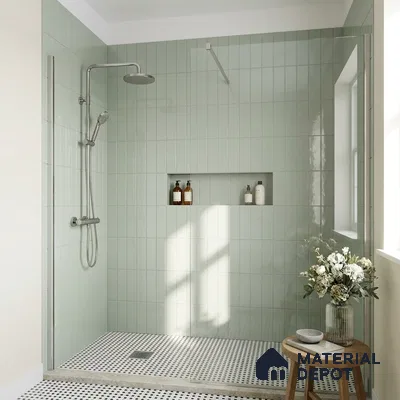 Modern Bathroom with Sage Green Glossy Stacked Tile