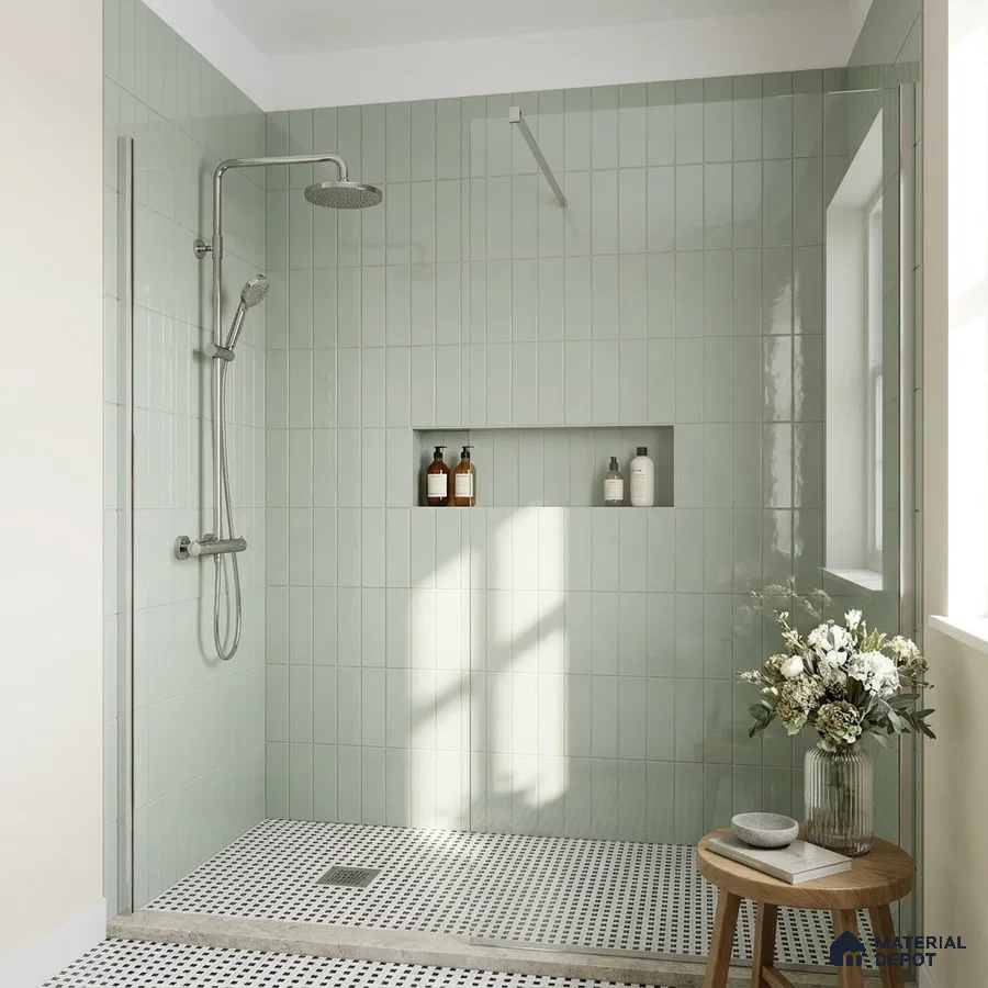 Modern Bathroom with Sage Green Glossy Stacked Tile