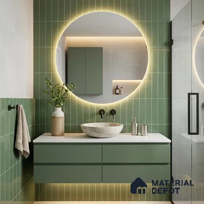 Modern Bathroom with Sage Green Glossy Stacked Tile and Round Backlit Mirror