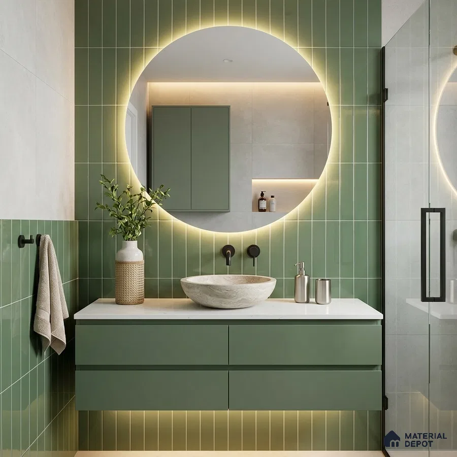 Modern Bathroom with Sage Green Glossy Stacked Tile and Round Backlit Mirror