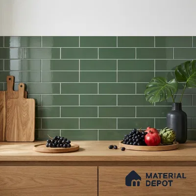 Modern Kitchen with Emerald Green Glossy Subway Tile Backsplash