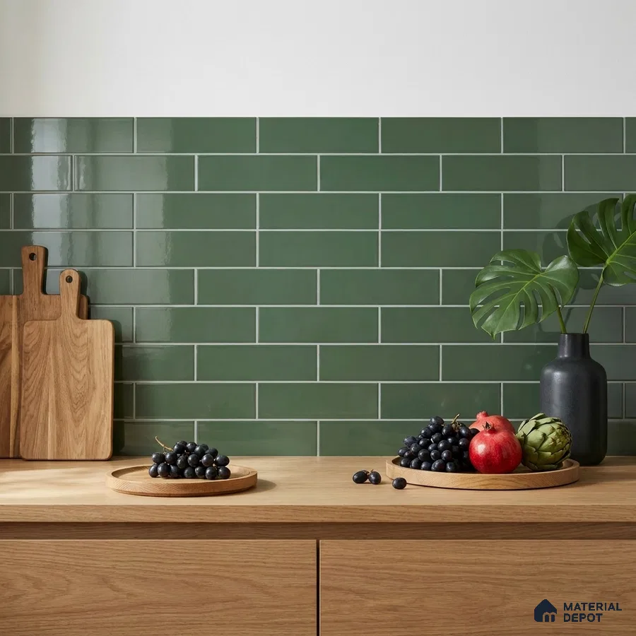 Modern Kitchen with Emerald Green Glossy Subway Tile Backsplash