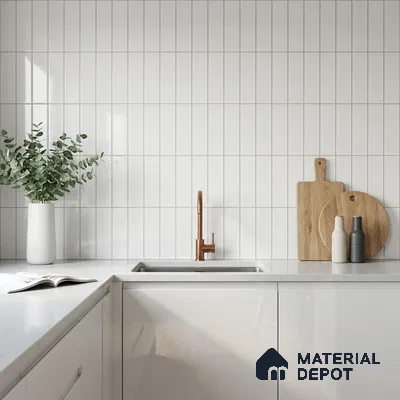 Modern Kitchen with White Glossy Stacked Tile Backsplash
