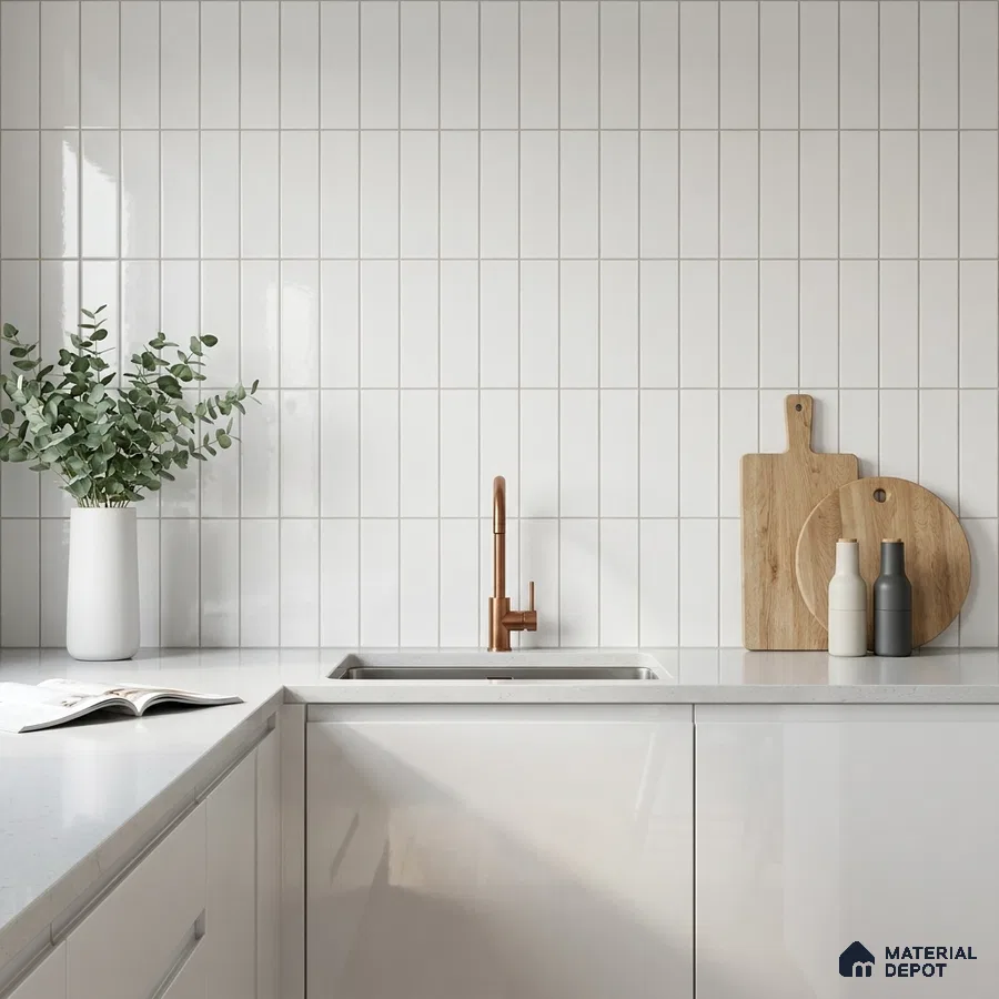 Modern Kitchen with White Glossy Stacked Tile Backsplash