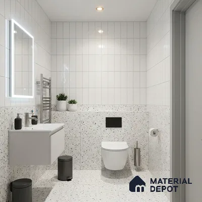 Modern Bathroom with White Glossy Tile and Terrazzo Lower Wall