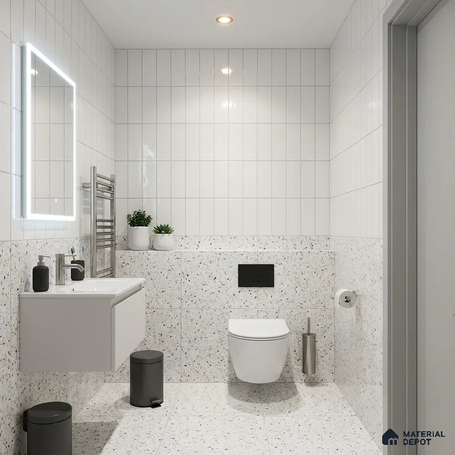 Modern Bathroom with White Glossy Tile and Terrazzo Lower Wall