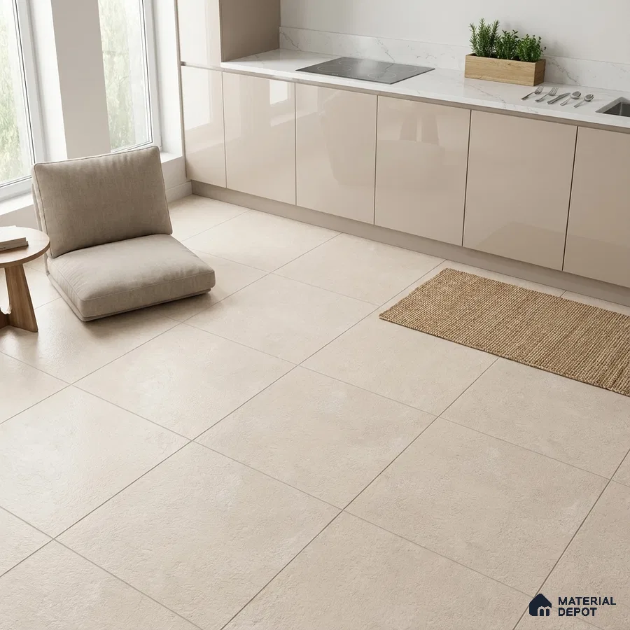 Minimalist kitchen with beige glossy laminate cabinets and large format cream floor tiles