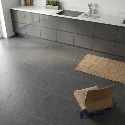 Minimalist kitchen with grey high gloss laminate cabinets and white marble countertop