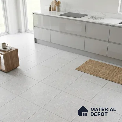 Modern kitchen with glossy grey laminate cabinets, white marble-look quartz countertop, and light grey stone floor tiles