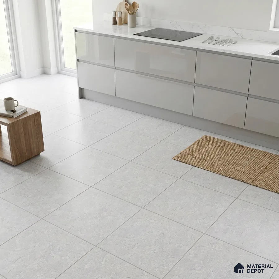 Modern kitchen with glossy grey laminate cabinets, white marble-look quartz countertop, and light grey stone floor tiles