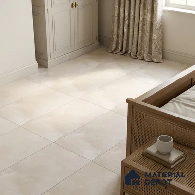 Modern Bedroom with Cream Marble-Look Floor Tile