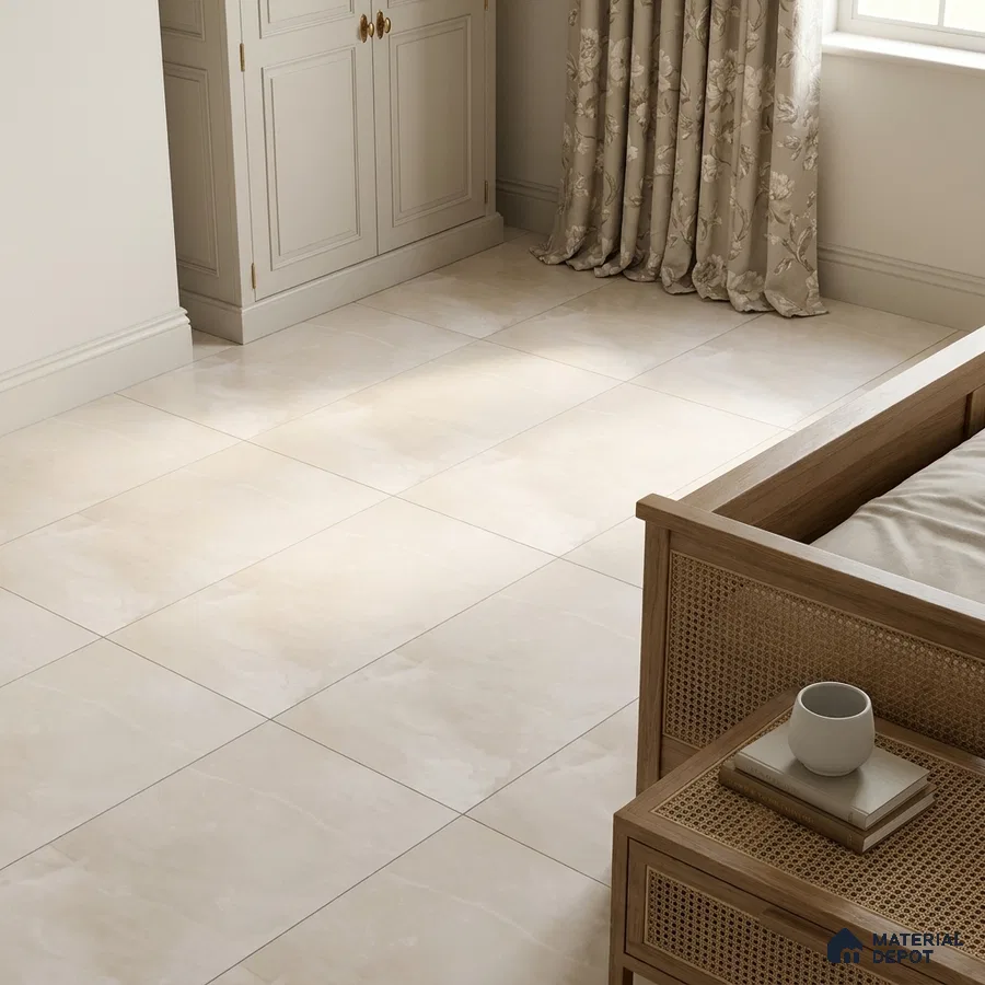 Modern Bedroom with Cream Marble-Look Floor Tile