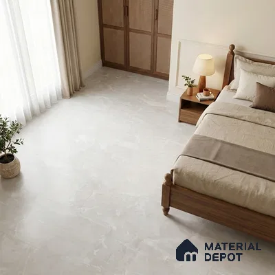 Modern Bedroom with White Marble-Look Floor Tile