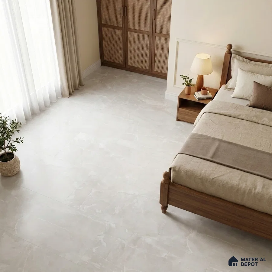 Modern Bedroom with White Marble-Look Floor Tile