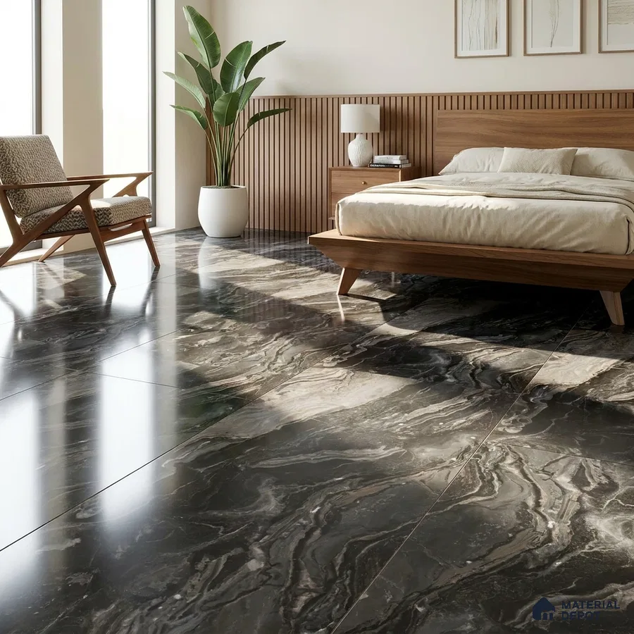 Modern Bedroom with High Gloss Brown Marble-Look Floor Tile