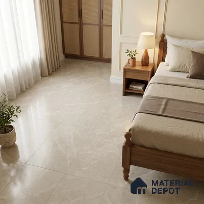 Modern Bedroom with Cream Marble-Look Floor Tile