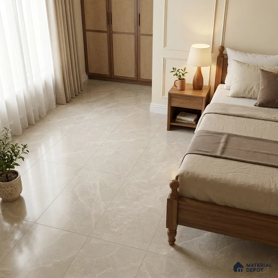 Modern Bedroom with Cream Marble-Look Floor Tile