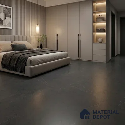 Modern Bedroom with Charcoal Grey Marble-Look Floor Tile