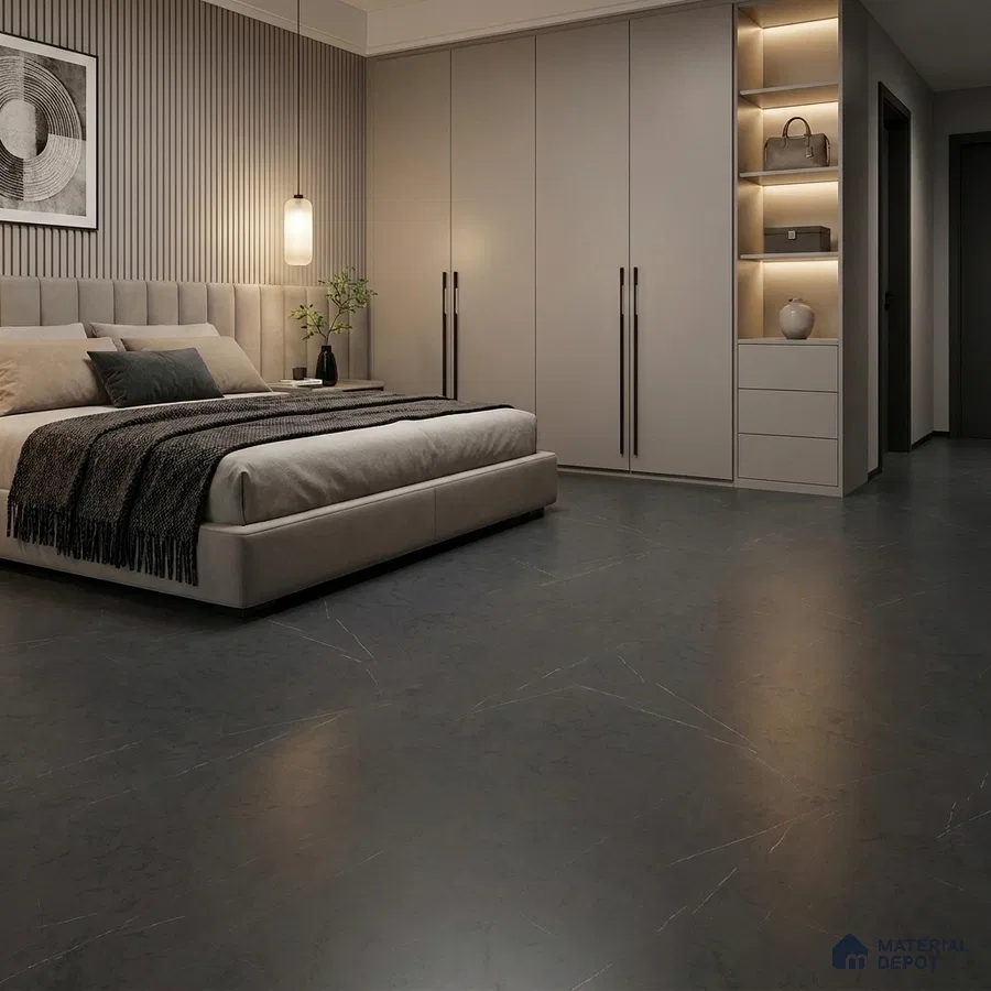 Modern Bedroom with Charcoal Grey Marble-Look Floor Tile