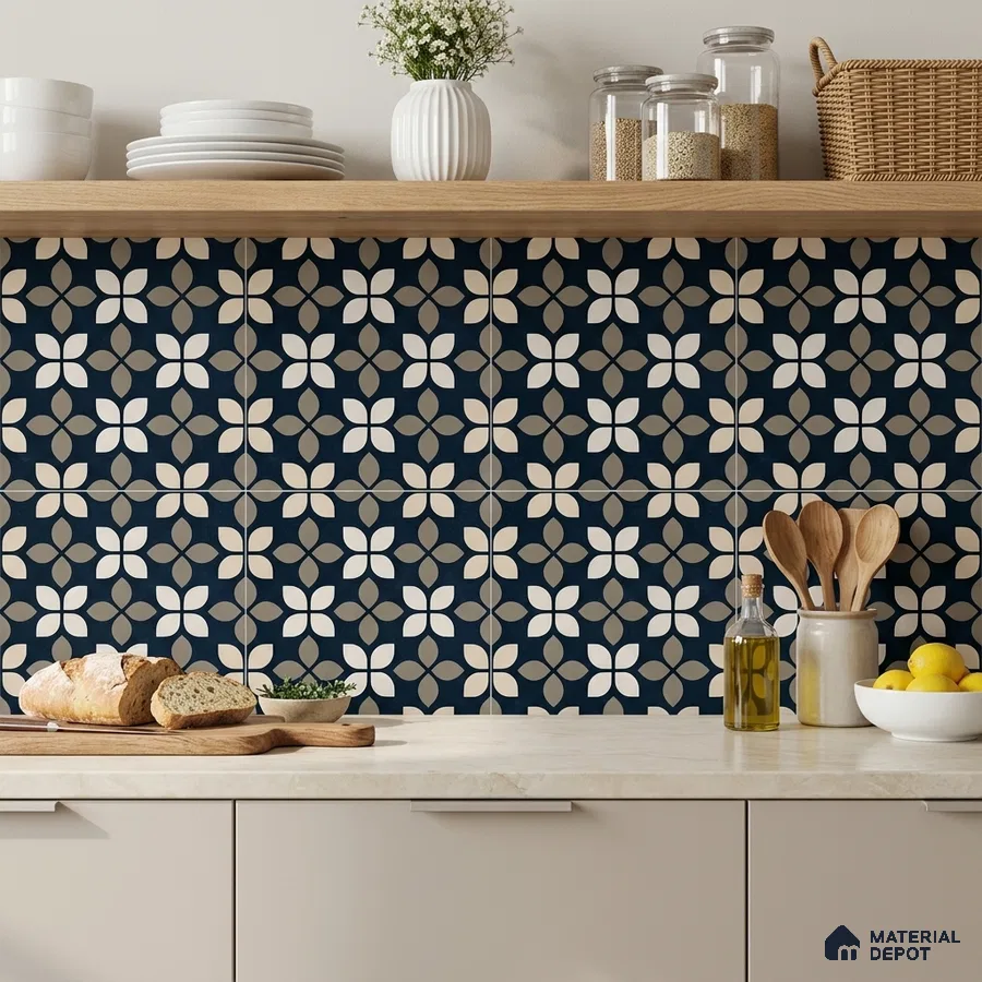 Modern kitchen with navy floral geometric backsplash tile and beige quartz countertop