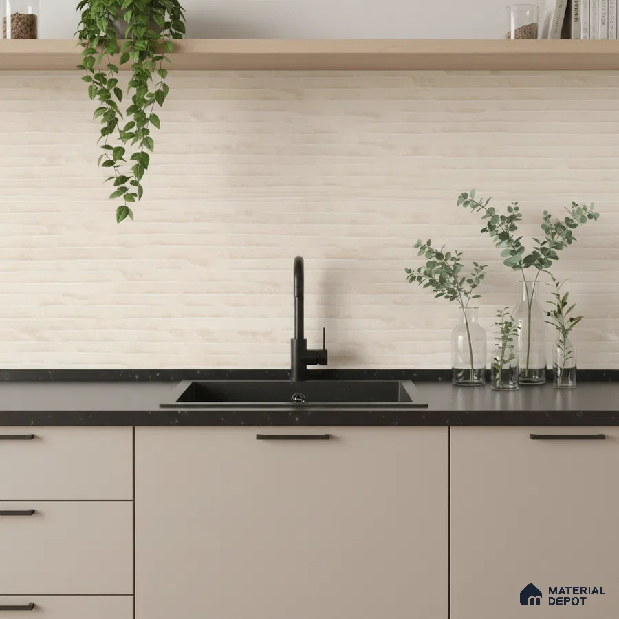 Minimalist kitchen with beige matte laminate cabinets, black quartz countertop, and cream textured subway backsplash tile
