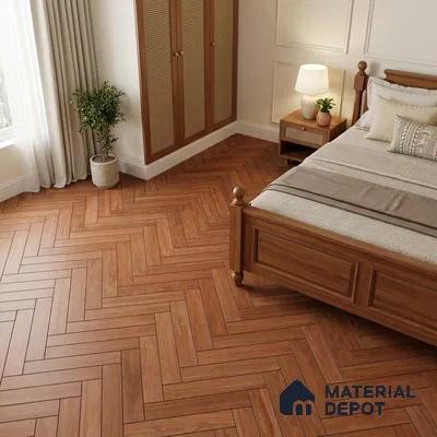 Traditional Bedroom with Warm Brown Wood-Look Herringbone Floor Tile
