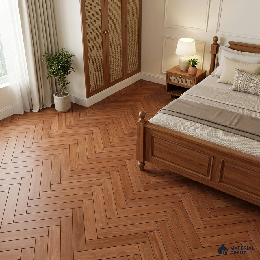 Traditional Bedroom with Warm Brown Wood-Look Herringbone Floor Tile
