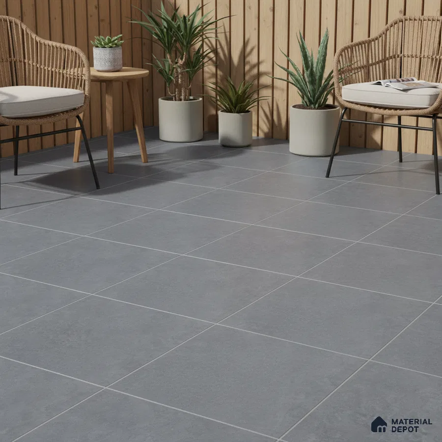 Scandinavian balcony with grey stone-look floor tiles and natural wood vertical louvers